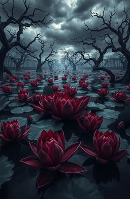 A surreal scene of a pond filled with violent and aggressive-looking lotuses, their petals sharply defined with deep red and black colors