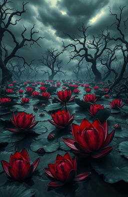 A surreal scene of a pond filled with violent and aggressive-looking lotuses, their petals sharply defined with deep red and black colors
