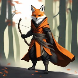 This is a high-quality digital art image featuring a ninja fox in a black and orange cloak, wielding a longbow