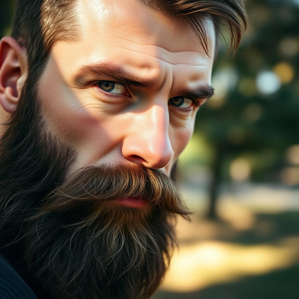 A close-up portrait of a rugged man with a well-groomed, thick beard