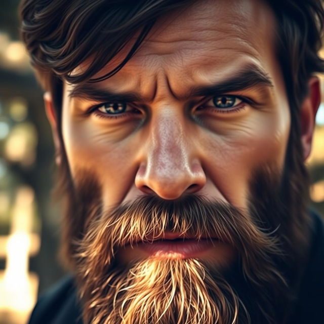 A close-up portrait of a rugged man with a well-groomed, thick beard