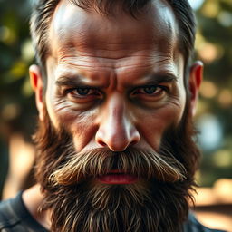 A close-up portrait of a rugged man with a well-groomed, thick beard