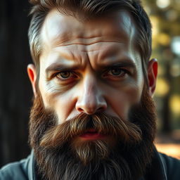 A close-up portrait of a rugged man with a well-groomed, thick beard