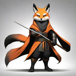 This is a high-quality digital art image featuring a ninja fox in a black and orange cloak, wielding a longbow