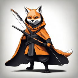 This is a high-quality digital art image featuring a ninja fox in a black and orange cloak, wielding a longbow