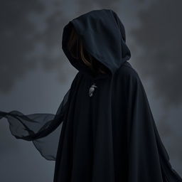 A flowing magical black cloak, elegantly billowing as if caught in a gentle breeze, featuring a tiny raven clasp at the front that sparkles with mystical intrigue