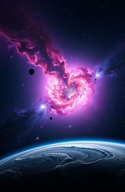 A breathtaking view of outer space, showcasing a vibrant nebula with swirling colors of purple, pink, and blue