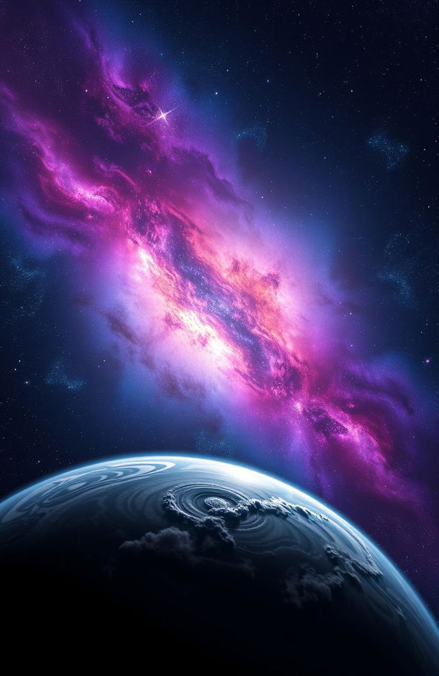 A breathtaking view of outer space, showcasing a vibrant nebula with swirling colors of purple, pink, and blue