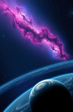A breathtaking view of outer space, showcasing a vibrant nebula with swirling colors of purple, pink, and blue