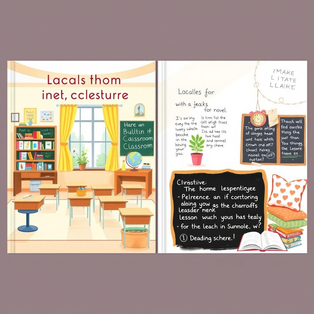 A charming and softly illustrated novel cover featuring both the front and back of a cozy classroom
