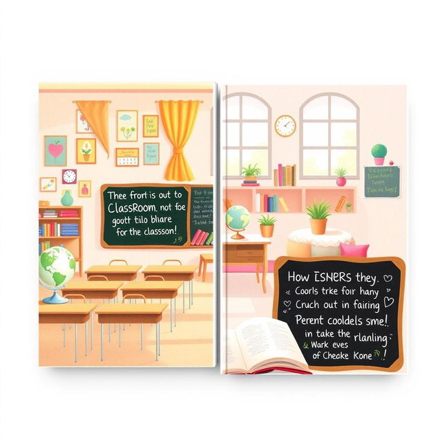 A charming and softly illustrated novel cover featuring both the front and back of a cozy classroom