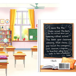 A charming and softly illustrated novel cover featuring both the front and back of a cozy classroom
