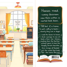 A charming and softly illustrated novel cover featuring both the front and back of a cozy classroom