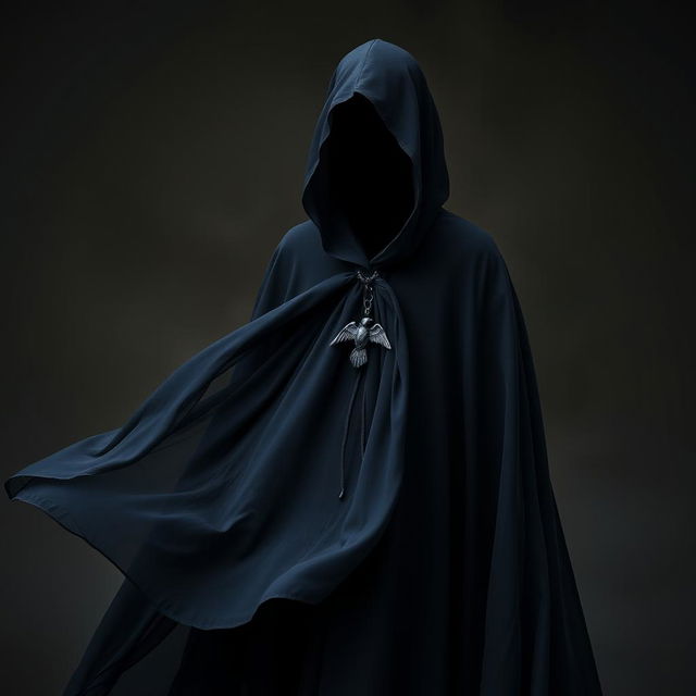 A flowing magical black cloak that elegantly billows, featuring a very tiny raven clasp at the front