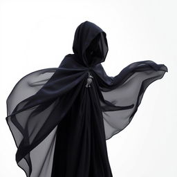A flowing magical black cloak that elegantly billows, featuring a very tiny raven clasp at the front