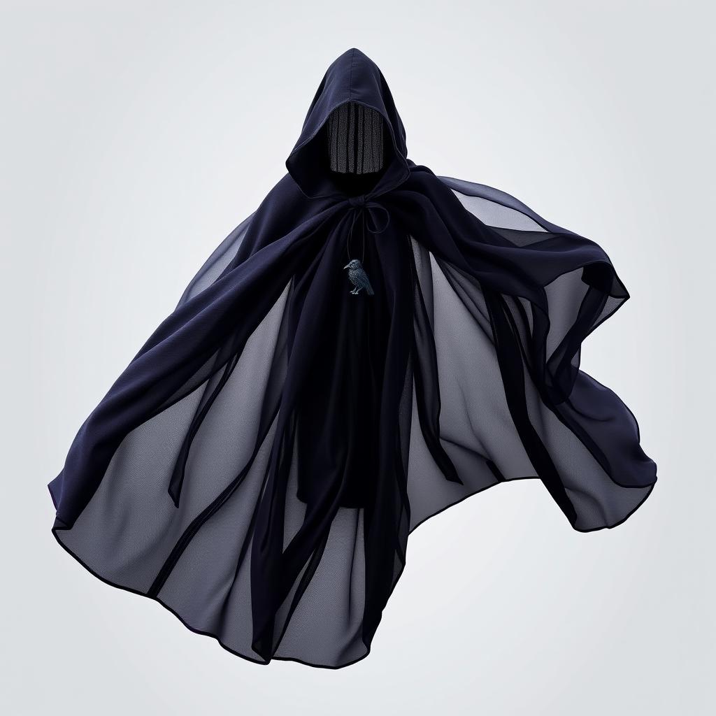 A flowing magical black cloak that elegantly billows, featuring a very tiny raven clasp at the front