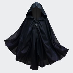 A flowing magical black cloak that elegantly billows, featuring a very tiny raven clasp at the front