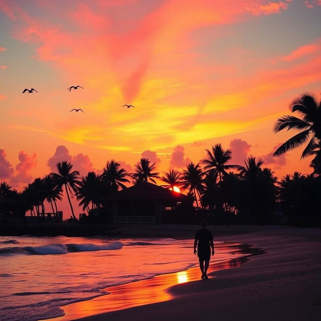 A beautiful sunset scene over a serene beach, where vibrant orange and pink hues blend harmoniously in the sky