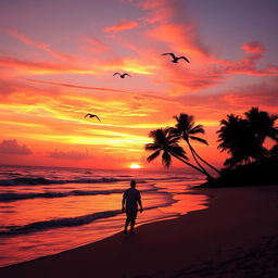 A beautiful sunset scene over a serene beach, where vibrant orange and pink hues blend harmoniously in the sky