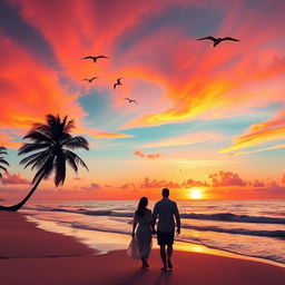 A beautiful sunset scene over a serene beach, where vibrant orange and pink hues blend harmoniously in the sky