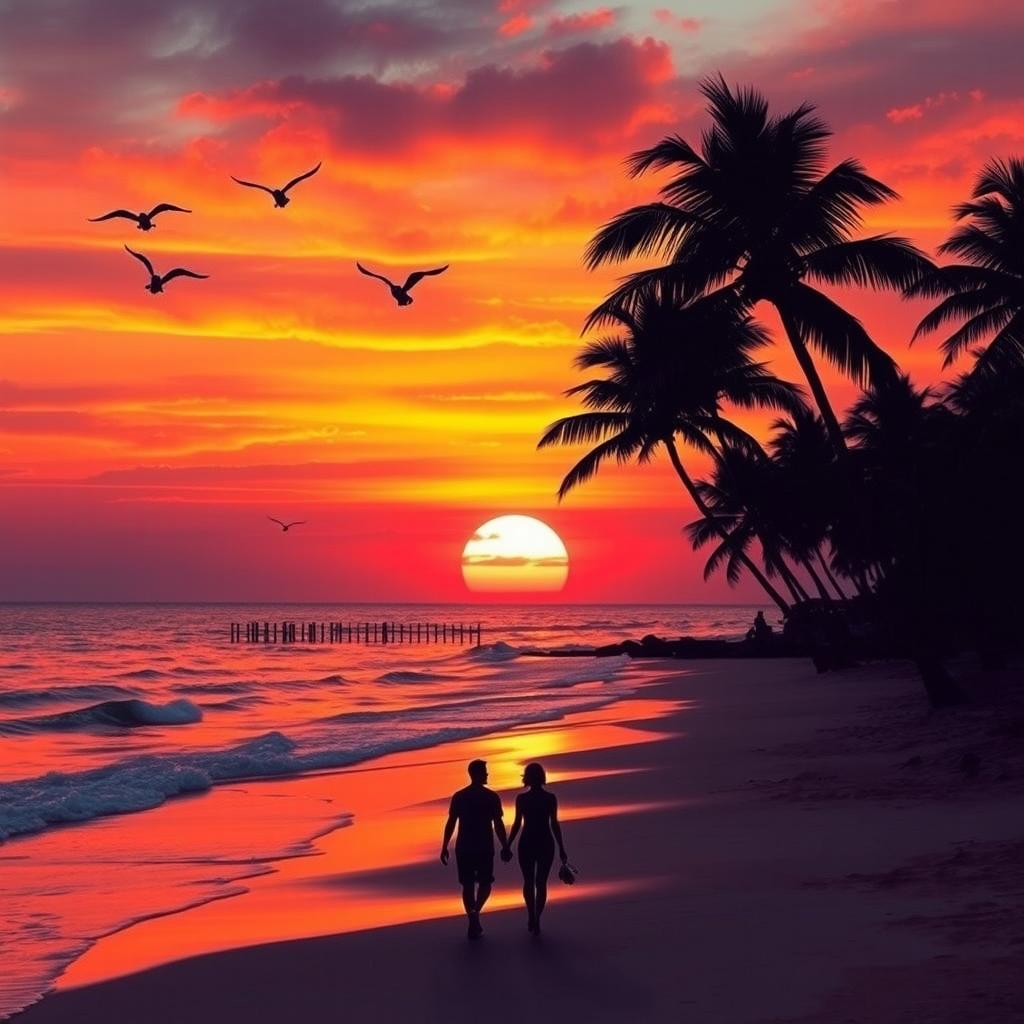 A beautiful sunset scene over a serene beach, where vibrant orange and pink hues blend harmoniously in the sky