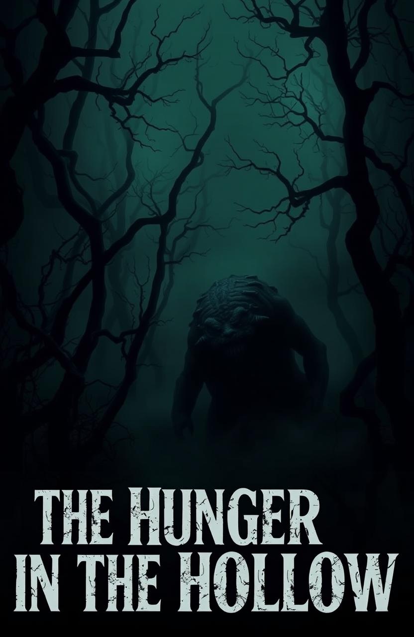 A dark and atmospheric forest setting, with twisted trees and dense fog, creating an eerie and isolated mood