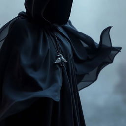 A flowing magical black cloak that gracefully billows as if caught in a gentle, enchanting breeze