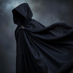 A flowing magical black cloak that gracefully billows as if caught in a gentle, enchanting breeze