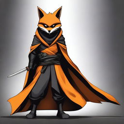 This is a high-quality digital art image featuring a ninja fox in a black and orange cloak, depicted as an assassin