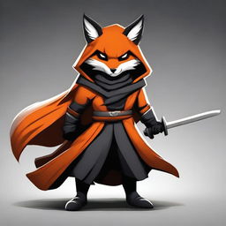 This is a high-quality digital art image featuring a ninja fox in a black and orange cloak, depicted as an assassin