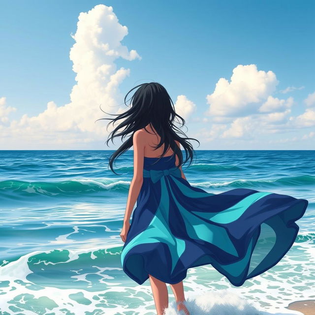 A girl with loose, flowing black hair gazing dreamily at the vast sea