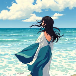 A girl with loose, flowing black hair gazing dreamily at the vast sea