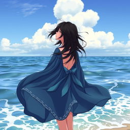 A girl with loose, flowing black hair gazing dreamily at the vast sea
