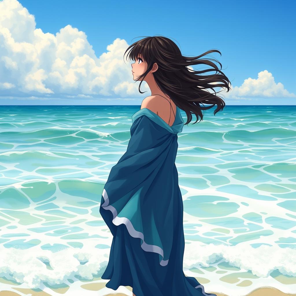 A girl with loose, flowing black hair gazing dreamily at the vast sea