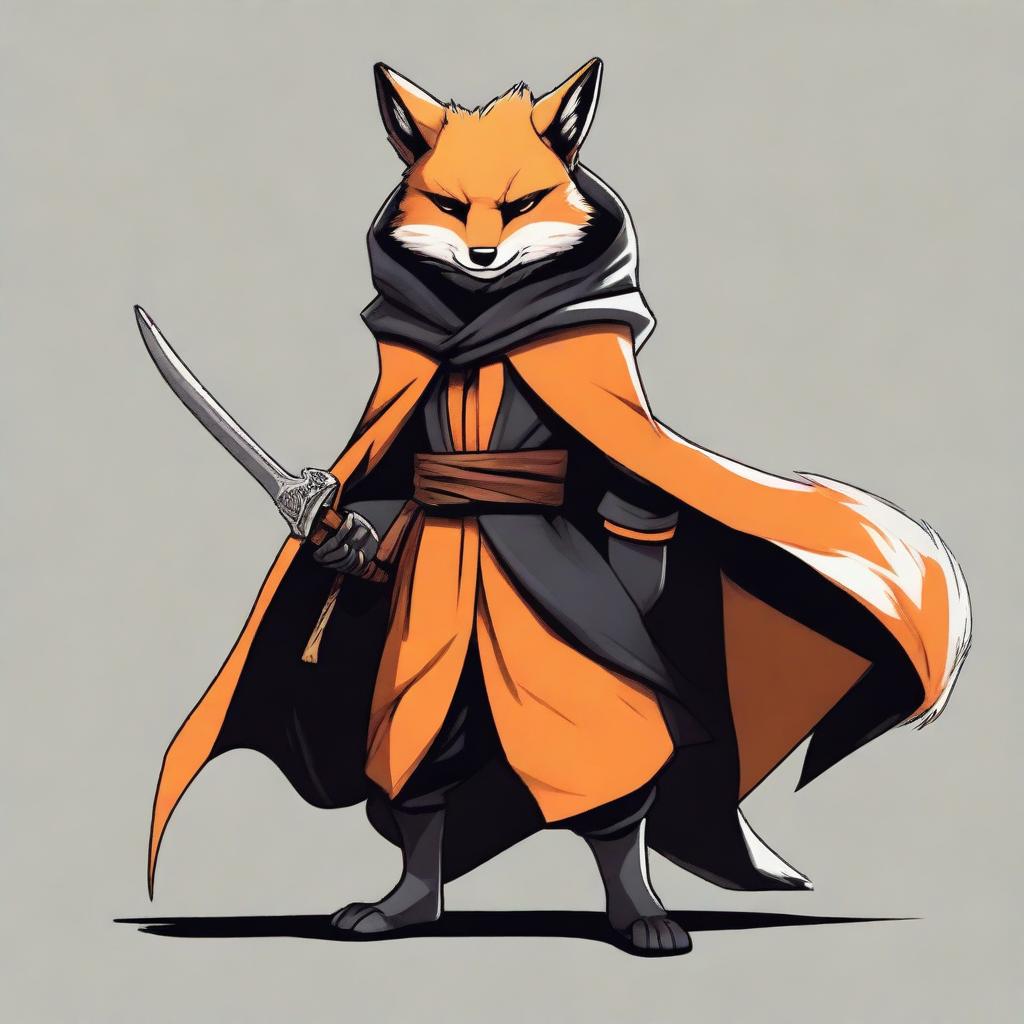 This is a high-quality digital art image featuring a ninja fox in a black and orange cloak, depicted as an assassin