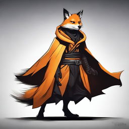 This is a high-quality digital art image featuring a ninja fox in a black and orange cloak, depicted as an assassin