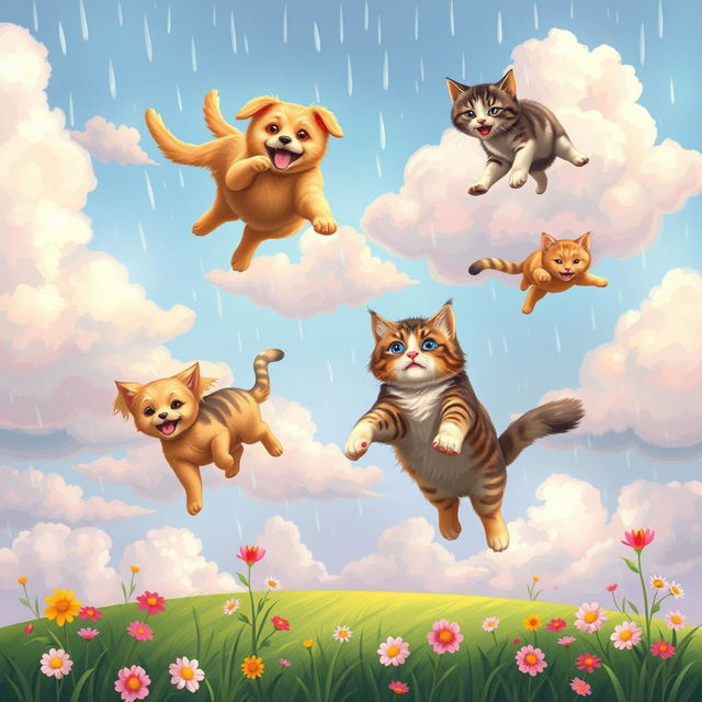 A whimsical scene depicting cats and dogs falling from a colorful sky, surrounded by fluffy clouds and raindrops