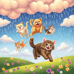 A whimsical scene depicting cats and dogs falling from a colorful sky, surrounded by fluffy clouds and raindrops