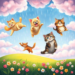 A whimsical scene depicting cats and dogs falling from a colorful sky, surrounded by fluffy clouds and raindrops