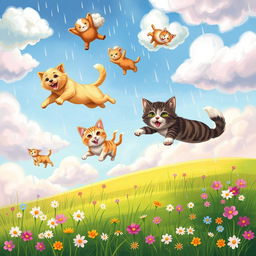 A whimsical scene depicting cats and dogs falling from a colorful sky, surrounded by fluffy clouds and raindrops
