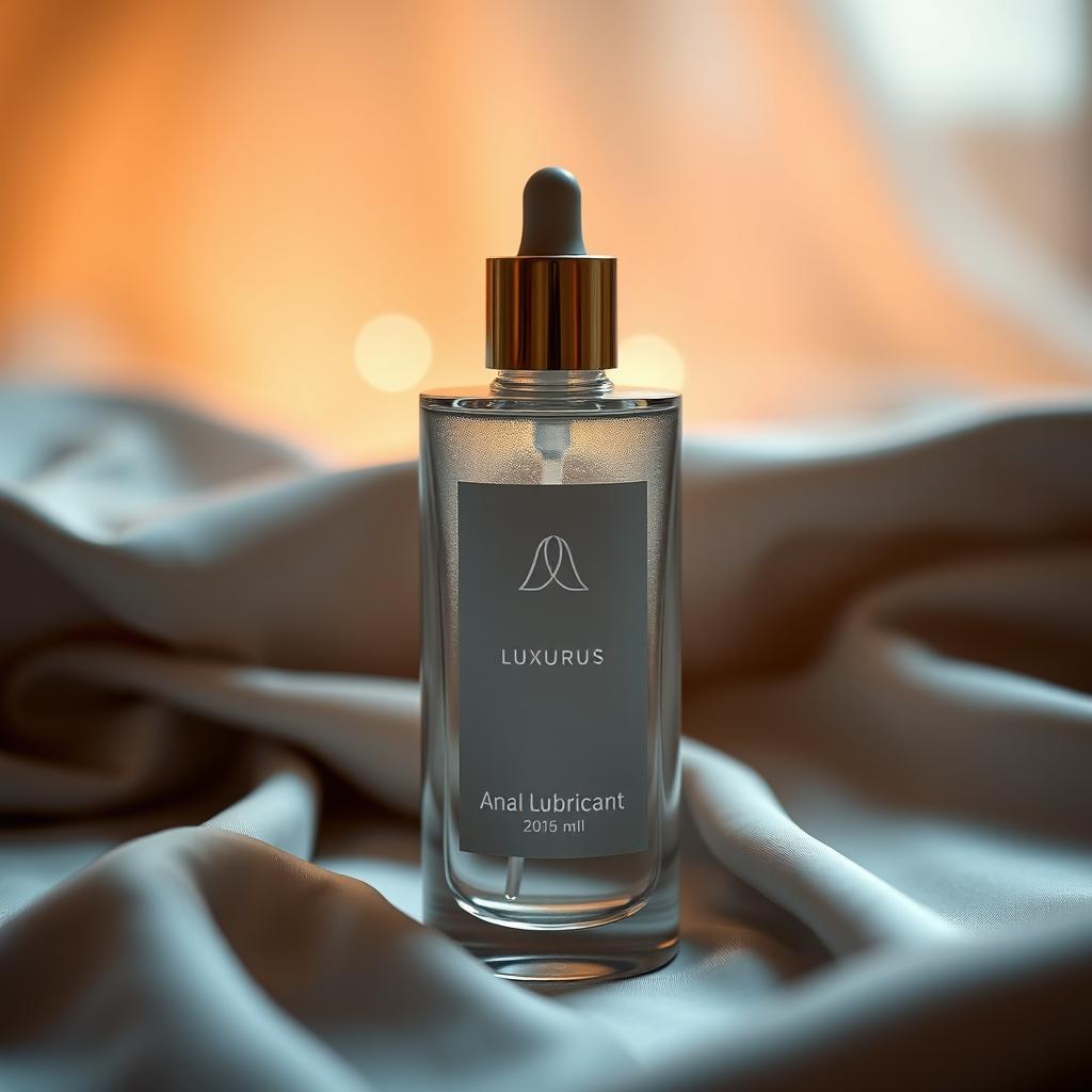 A bottle of luxurious anal lubricant, elegantly designed, with a sleek and modern style