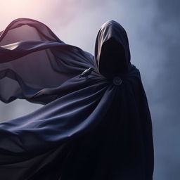 A flowing magical black cloak that shimmers with an enchanting quality, gracefully billowing as if caught in a gentle breeze