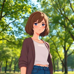 A tall, confident girl standing in a sunlit park, with an aesthetic that reflects her strong personality