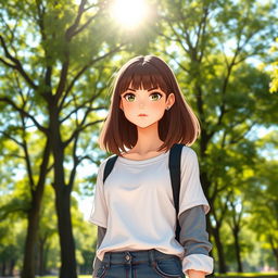 A tall, confident girl standing in a sunlit park, with an aesthetic that reflects her strong personality