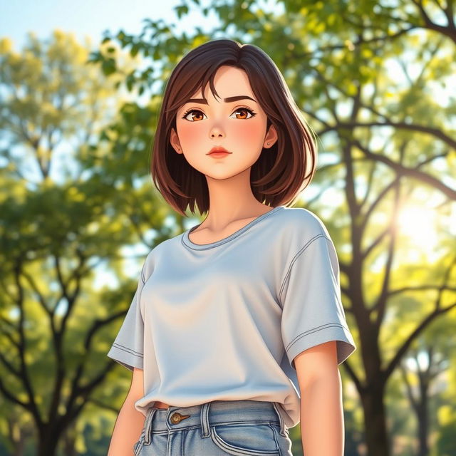 A tall, confident girl standing in a sunlit park, with an aesthetic that reflects her strong personality