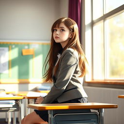 A high school girl sitting at a classroom desk, facing a large window