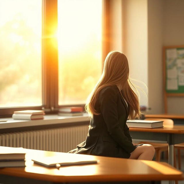 A high school girl sitting at a classroom desk, facing a large window