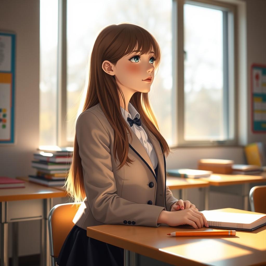 A high school girl sitting at a classroom desk, facing a large window