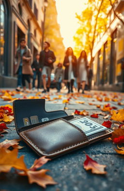 A visually striking scene depicting a lost wallet lying on a vibrant city sidewalk, surrounded by colorful autumn leaves