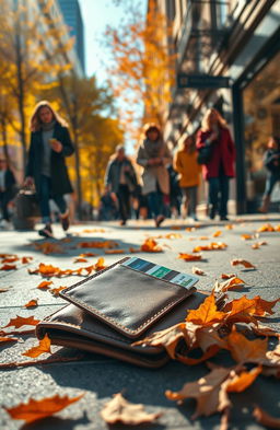 A visually striking scene depicting a lost wallet lying on a vibrant city sidewalk, surrounded by colorful autumn leaves